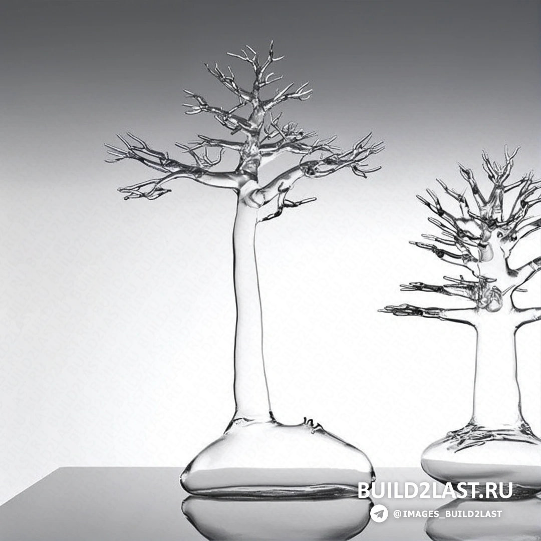 Элегантная стеклянная скульптура, изображающая органическую форму, с плавными изгибами и прозрачными частями, переливающимися на свету