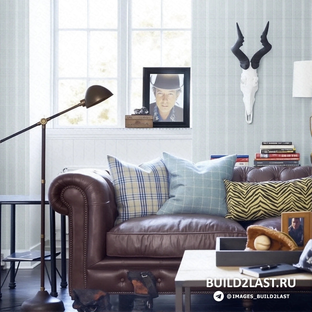 Гостиная в стиле кантри с элементами скандинавского стиля и деконструктивизма. Оранжевые акценты, каменная отделка и деревянные балки.