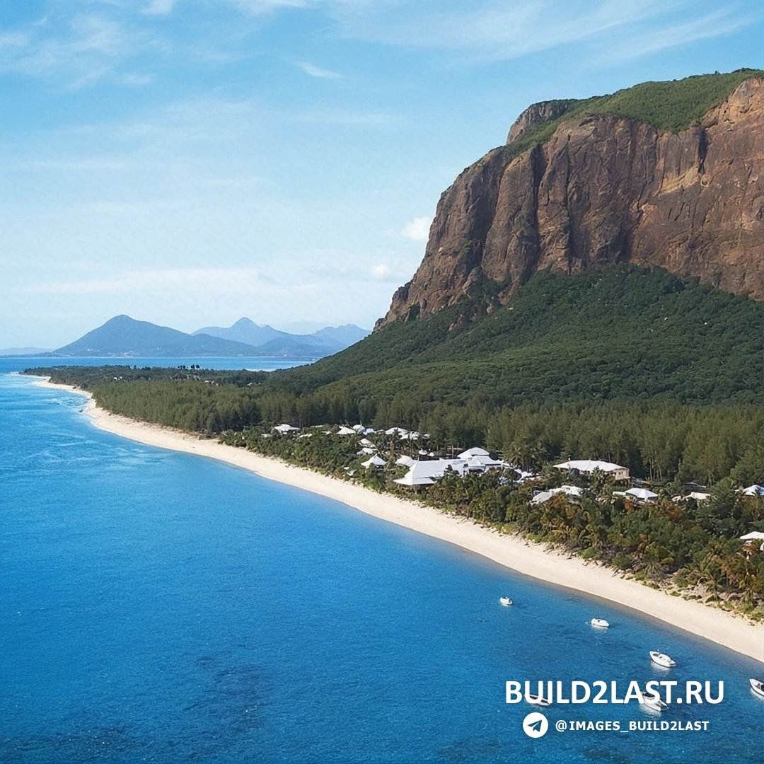 Пляж Маврикия с синим океаном и горным ландшафтом