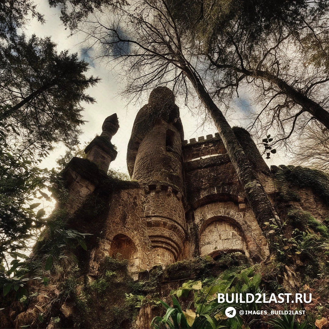 Вид на архитектурные особенности подземной башни в Синтре, Португалия, с использованием дикого камня.